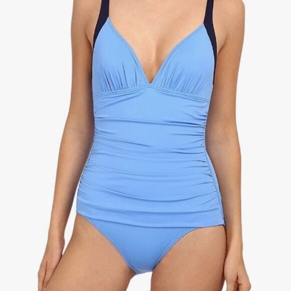 Tommy Bahama Womens V-Neck One-Piece Swimsuit Size 12 Blue - Picture 1 of 8